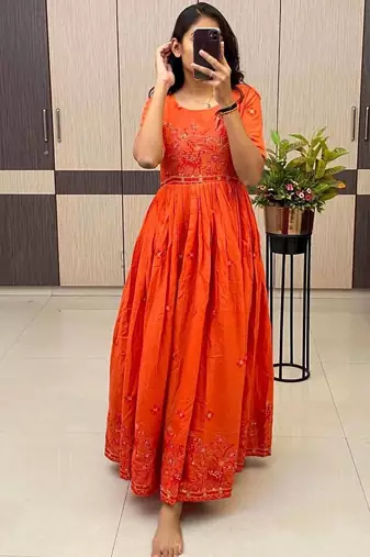 Orange Color Embroidery Work And Back Side Dori Pattern Mul Cotton Gown Set