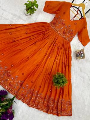 Orange Color Embroidery Work And Back Side Dori Pattern Mul Cotton Gown Set 3