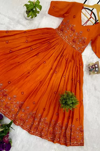 Orange Color Embroidery Work And Back Side Dori Pattern Mul Cotton Gown Set