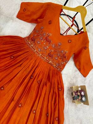 Orange Color Embroidery Work And Back Side Dori Pattern Mul Cotton Gown Set 4