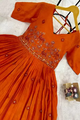 Orange Color Embroidery Work And Back Side Dori Pattern Mul Cotton Gown Set