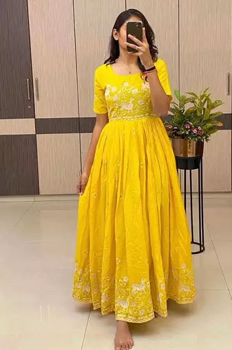 Yellow Color Embroidery Work And Back Side Dori Pattern Mul Cotton Gown Set