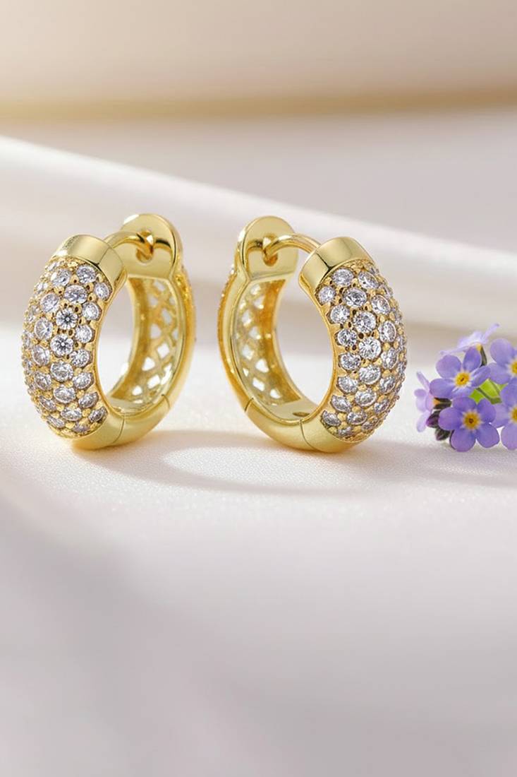 Gold plated cubic zirconia studded stylish hoop earrings fancy jewellery for women girls