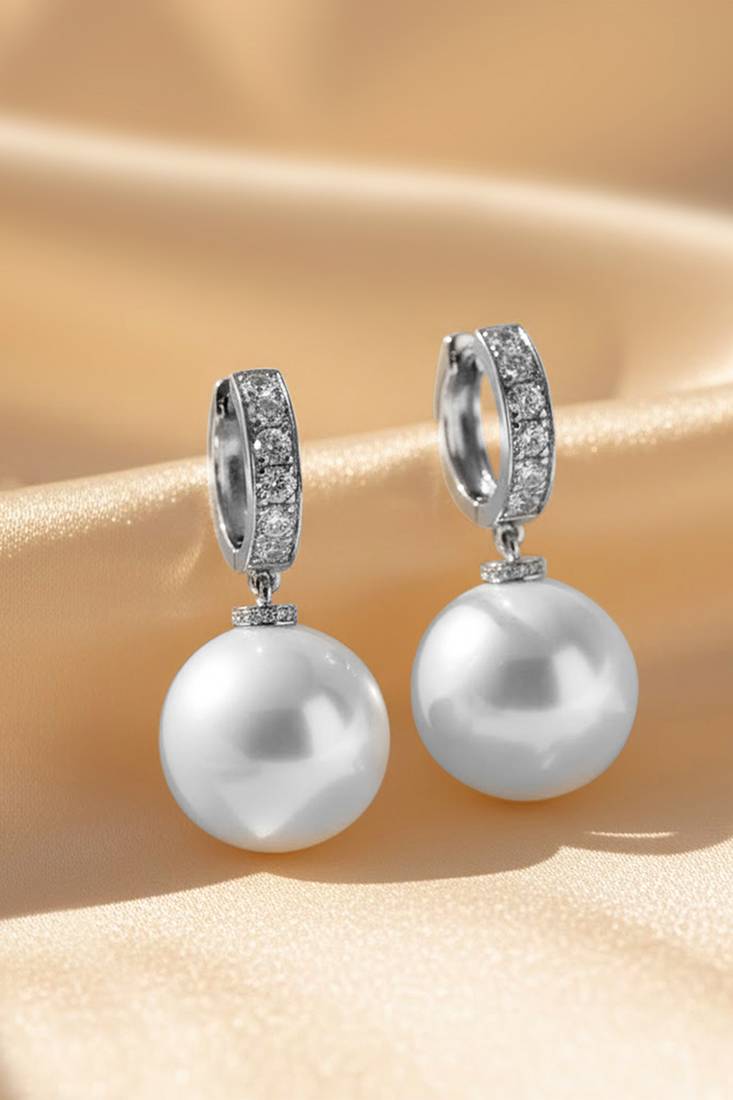 Silver plated pearl & cubic zirconia studded fancy hoop & drop earrings jewellery for women