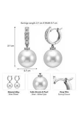 Silver plated pearl & cubic zirconia studded fancy hoop & drop earrings jewellery for women 3