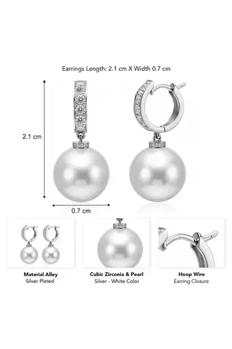 Silver plated pearl & cubic zirconia studded fancy hoop & drop earrings jewellery for women