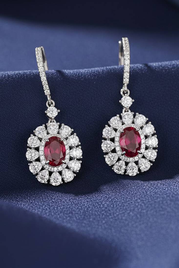 Silver plated faux ruby & cubic zirconia studded hoop & drop earrings jewellery for women