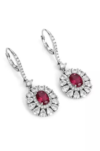 Silver plated faux ruby & cubic zirconia studded hoop & drop earrings jewellery for women
