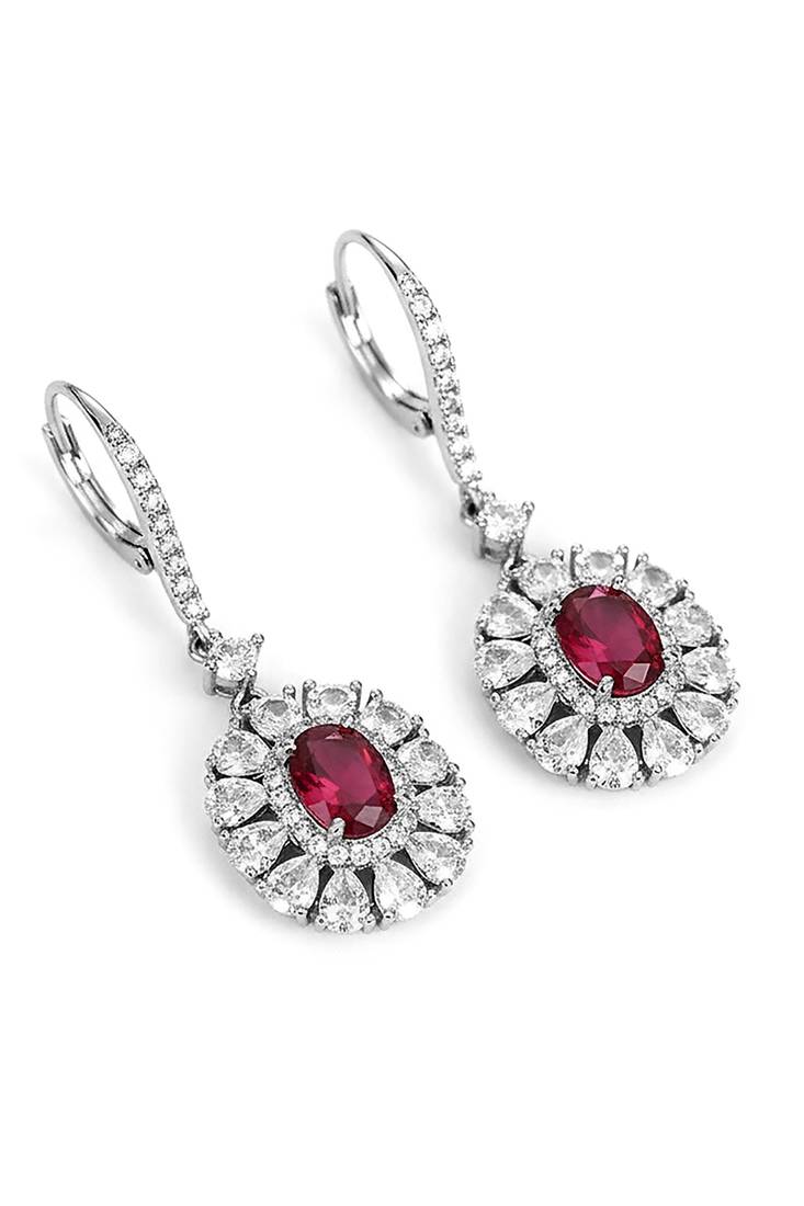 Silver plated faux ruby & cubic zirconia studded hoop & drop earrings jewellery for women