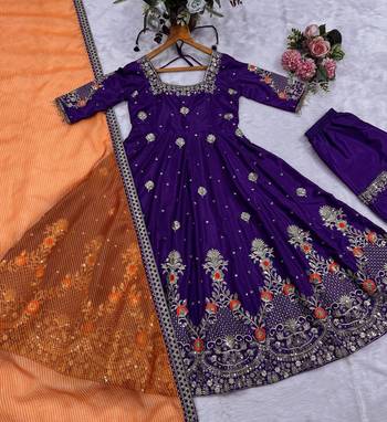 Purple embroidered heavy silk blend anarkali gown set with organza dupatta & silk blend pant 4