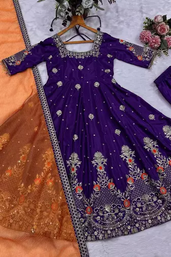 Purple embroidered heavy silk blend anarkali gown set with organza dupatta & silk blend pant