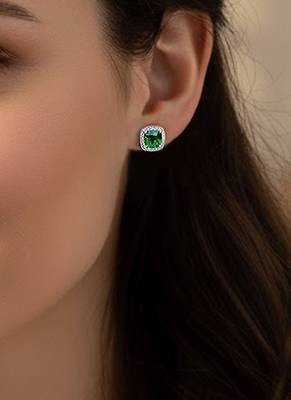 Silver plated faux emerald & cubic zirconia studded fancy stud earrings jewellery for women 1