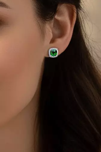 Silver plated faux emerald & cubic zirconia studded fancy stud earrings jewellery for women