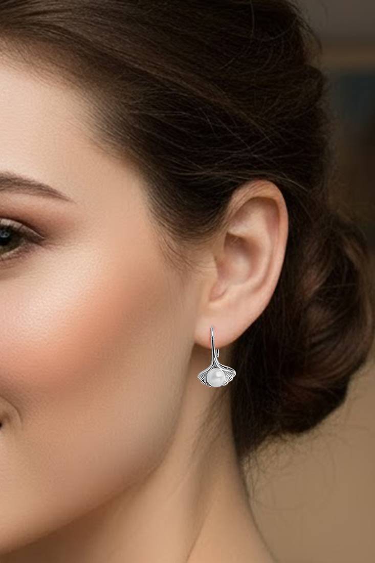 Silver plated pearl studded fancy stylish fish hook insert stud earrings jewellery for women