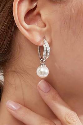 Silver plated cubic zirconia & pearl studded fancy hoop & drop earrings jewellery for women 1