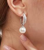 Silver plated cubic zirconia & pearl studded fancy hoop & drop earrings jewellery for women