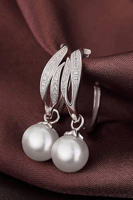 Silver plated cubic zirconia & pearl studded fancy hoop & drop earrings jewellery for women 2