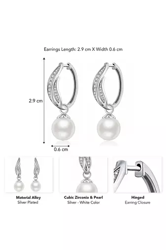 Silver plated cubic zirconia & pearl studded fancy hoop & drop earrings jewellery for women
