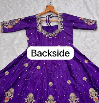 Purple embroidered heavy silk blend anarkali gown set with organza dupatta & silk blend pant 5