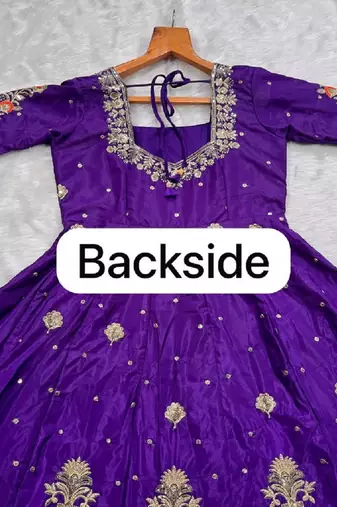 Purple embroidered heavy silk blend anarkali gown set with organza dupatta & silk blend pant
