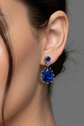 Silver plated faux sapphire studded fancy stylish drop earrings jewellery for women & girls