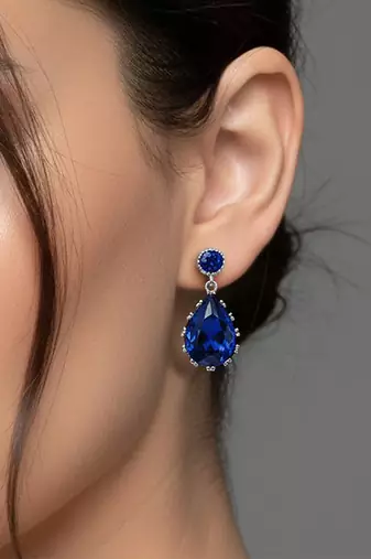 Silver plated faux sapphire studded fancy stylish drop earrings jewellery for women & girls