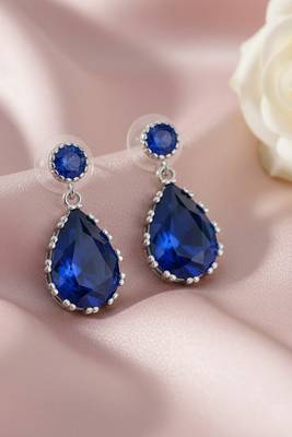 Silver plated faux sapphire studded fancy stylish drop earrings jewellery for women & girls 2