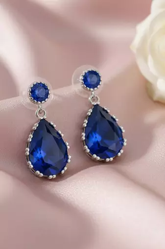 Silver plated faux sapphire studded fancy stylish drop earrings jewellery for women & girls