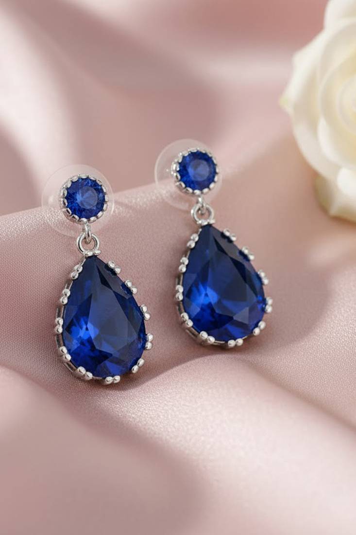 Silver plated faux sapphire studded fancy stylish drop earrings jewellery for women & girls
