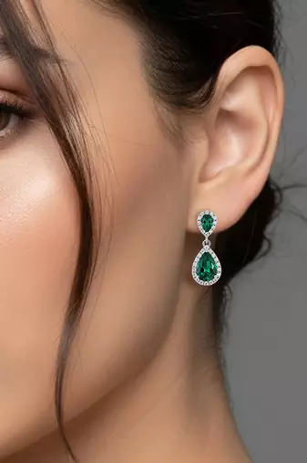 Silver plated faux emerald & cubic zirconia studded fancy drop earrings jewellery for women