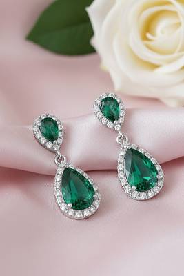 Silver plated faux emerald & cubic zirconia studded fancy drop earrings jewellery for women 2