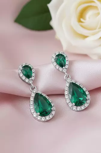 Silver plated faux emerald & cubic zirconia studded fancy drop earrings jewellery for women
