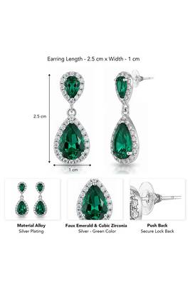 Silver plated faux emerald & cubic zirconia studded fancy drop earrings jewellery for women 3