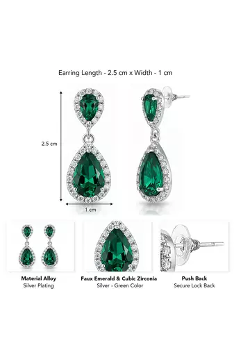 Silver plated faux emerald & cubic zirconia studded fancy drop earrings jewellery for women