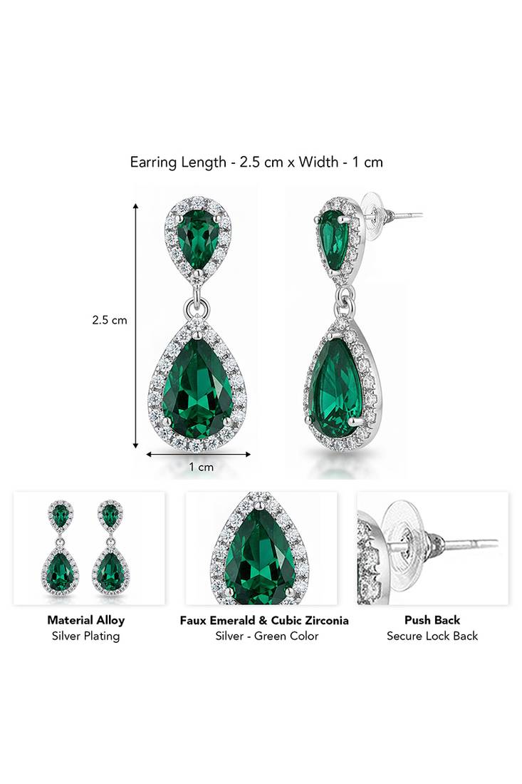 Silver plated faux emerald & cubic zirconia studded fancy drop earrings jewellery for women