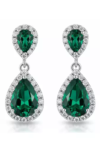 Silver plated faux emerald & cubic zirconia studded fancy drop earrings jewellery for women