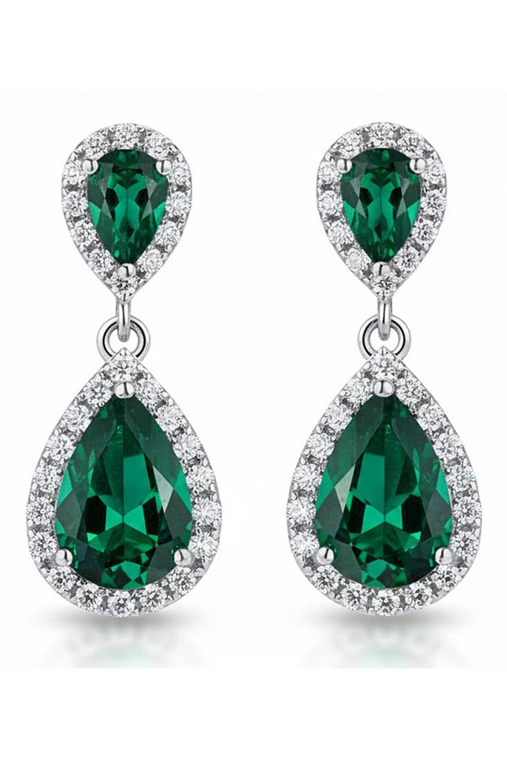 Silver plated faux emerald & cubic zirconia studded fancy drop earrings jewellery for women