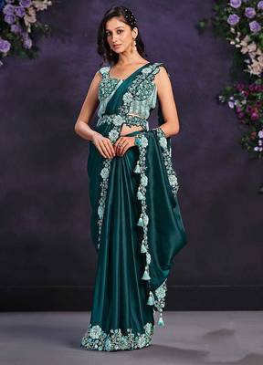 Teal green pre-draped crepe satin silk saree with embroidered blouse and waist belt 1