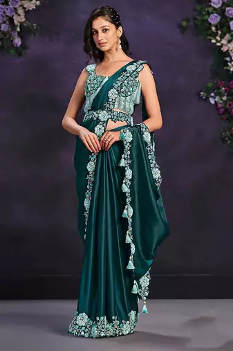Teal green pre-draped crepe satin silk saree with embroidered blouse and waist belt