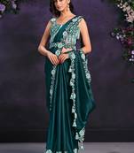 Teal green pre-draped crepe satin silk saree with embroidered blouse and waist belt