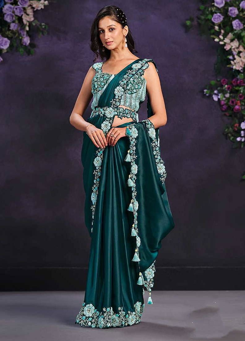 Teal green pre-draped crepe satin silk saree with embroidered blouse and waist belt