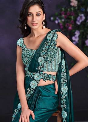 Teal green pre-draped crepe satin silk saree with embroidered blouse and waist belt 2