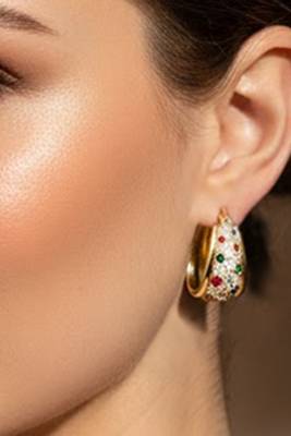Gold plated multicolor cubic zirconia studded fancy hoop earrings jewellery for women & girls 1