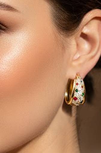 Gold plated multicolor cubic zirconia studded fancy hoop earrings jewellery for women & girls