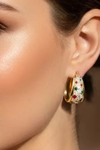 Gold plated multicolor cubic zirconia studded fancy hoop earrings jewellery for women & girls