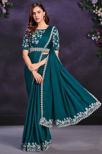 Teal green pre-draped crepe satin silk saree with embroidered blouse and waist belt