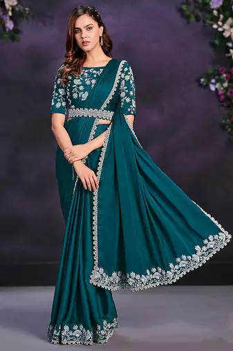 Teal green pre-draped crepe satin silk saree with embroidered blouse and waist belt