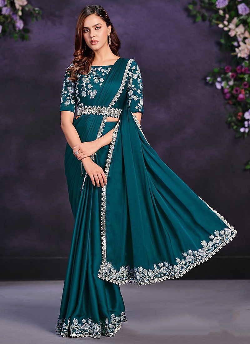 Teal green pre-draped crepe satin silk saree with embroidered blouse and waist belt