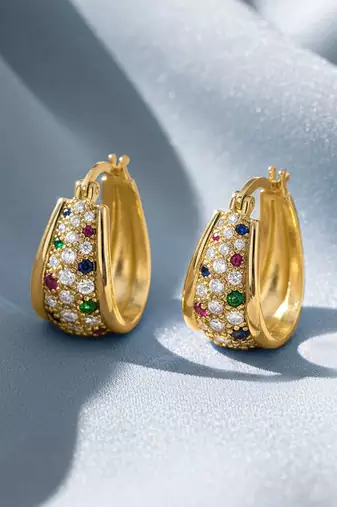 Gold plated multicolor cubic zirconia studded fancy hoop earrings jewellery for women & girls