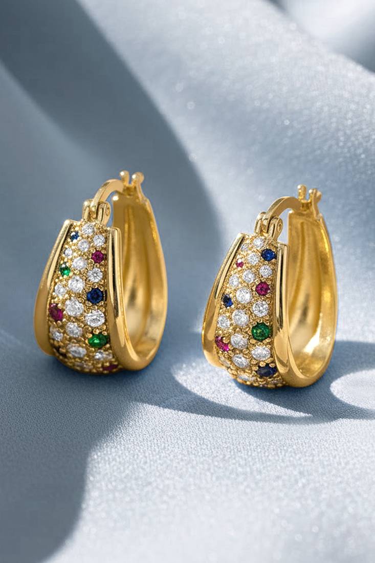 Gold plated multicolor cubic zirconia studded fancy hoop earrings jewellery for women & girls